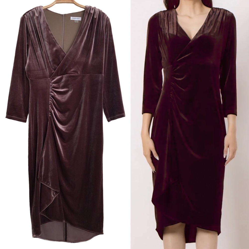 Calvin Klein Velvet Ruched Formal Midi Dress in Tortoise | 8